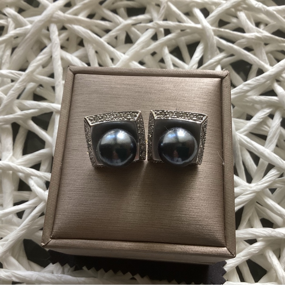 Sterling Silver Black Pearl Drop Earrings with Pave Accents - Picture 2 of 6